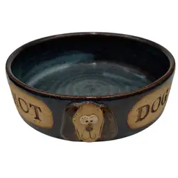 Studio Pottery Dog Bowl, "Hot Dog", Blue Glaze with Puppy Dog Face, Signed
