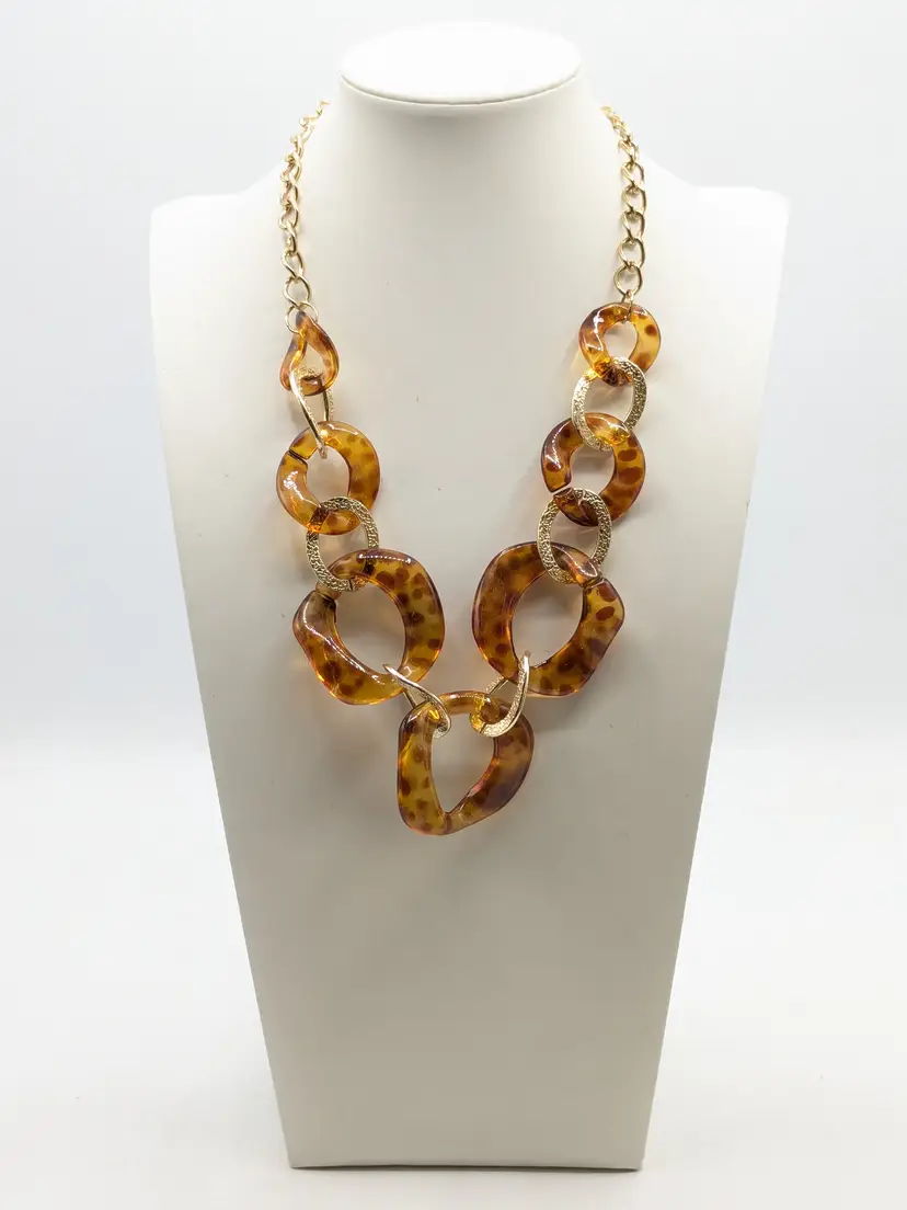 Chunky Tortoiseshell Acrylic Gold Tone Link Chain Necklace