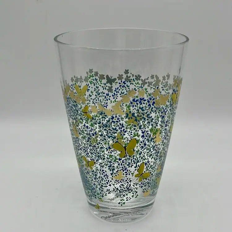 Anthropologie Tumbler Drinking Glass By Paule Marrot Yellow Butterfly Blue Flowers | 5.5”