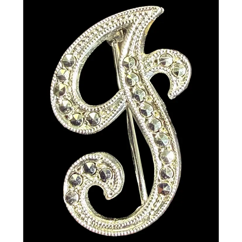 Tiny Sterling Silver & Marcasite  Letter Brooch ( g - J -T ????) - 3/4” x 1/2”