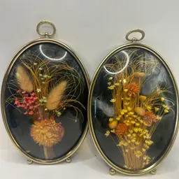 Pair of Oval Glass Framed Multicolor Dried Flower Wall Decor Arrangement