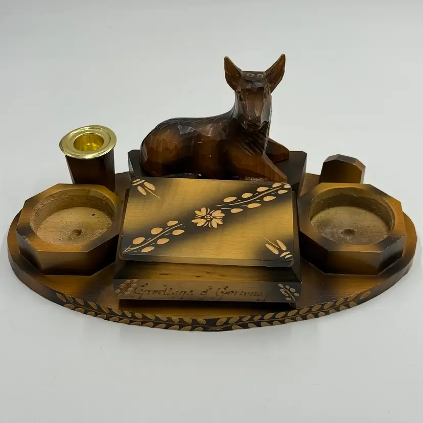 German Vintage Wooden Carved Tobacco Smoking Valet Stand Ashtrays With Cow