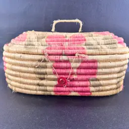 Vintage Handwoven Coiled Spiral Basket With Lid & Handle Floral Pattern