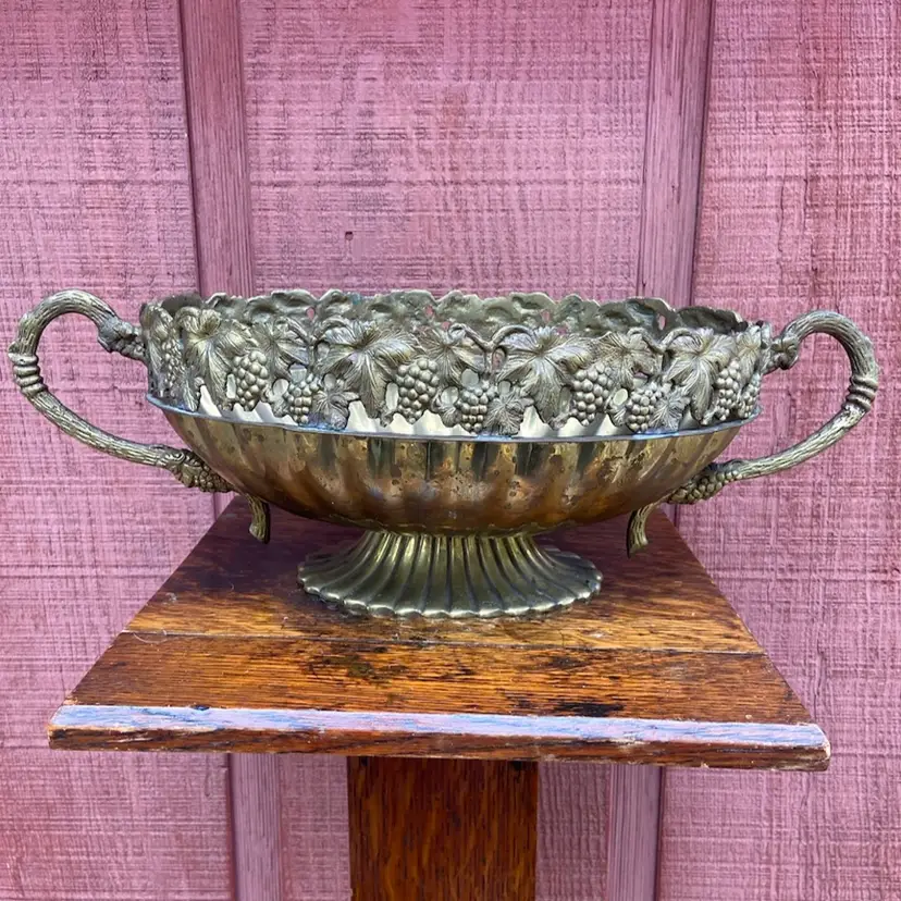 Brass Planter / Centerpiece (potentially Andrea By Sadek). Grapes & Leaves Motifs. 5.75”h x 17.5”w.