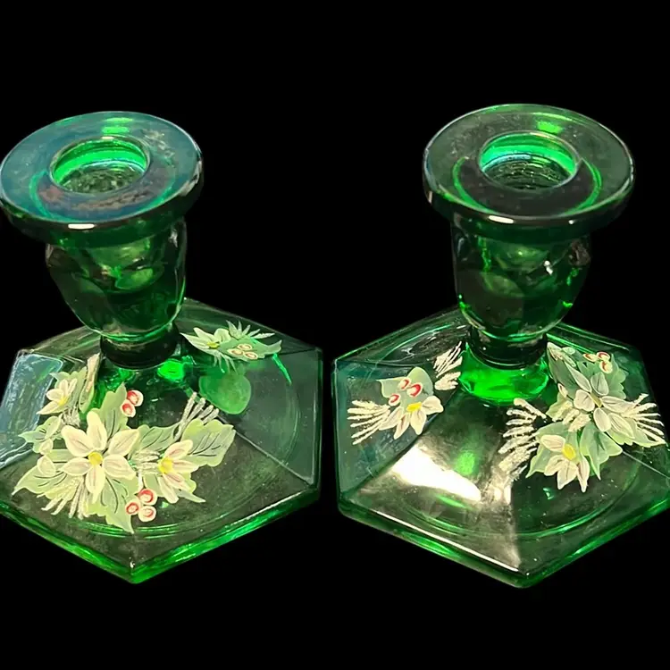 Christmas Vintage Fenton Stamped Emerald Green 3” Hand Painted And Signed Christmas Flowers Matching Candle Sticks Set Of 2