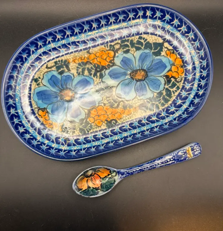 Polish Pottery Oval Condiment Dish With Matching Spoon