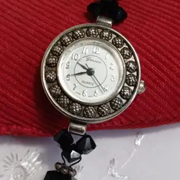 Vintage Geneva Quartz Watch with Black Glass Beaded Strap And Toggle Clasp