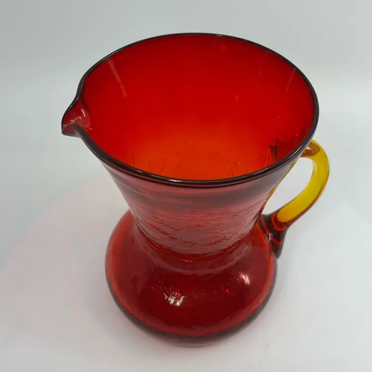 Blenko Ruby Red Crackle Glass Pitcher Amber Applied Handle Glows 5.5H
