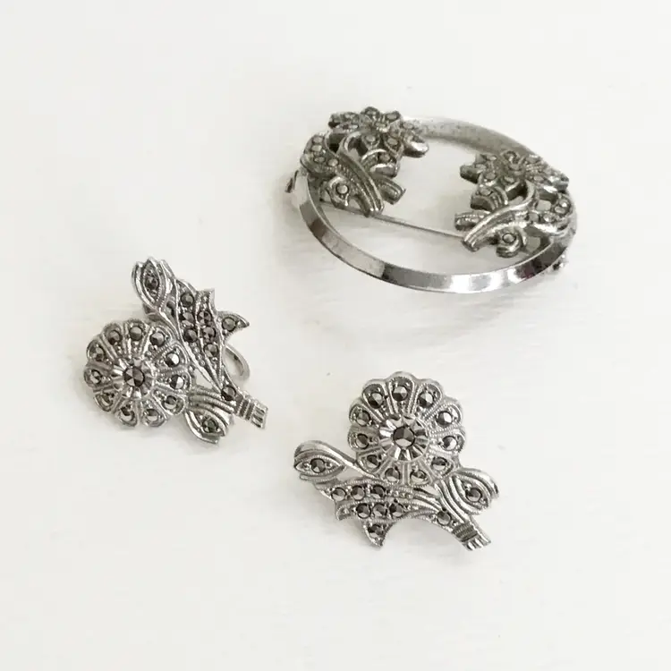 Vintage BK Sterling Silver Tone Floral Flower Marcasite? Earrings & Brooch Set