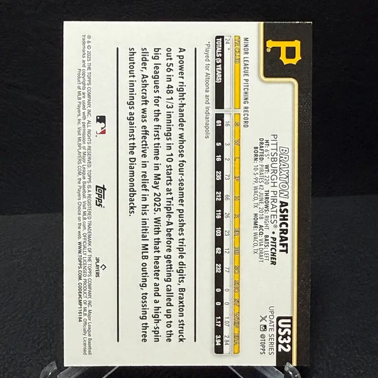Braxton Ashcraft 2025 Topps Update RC #US32 Sparkle Foil Rookie Pittsburgh Pirates