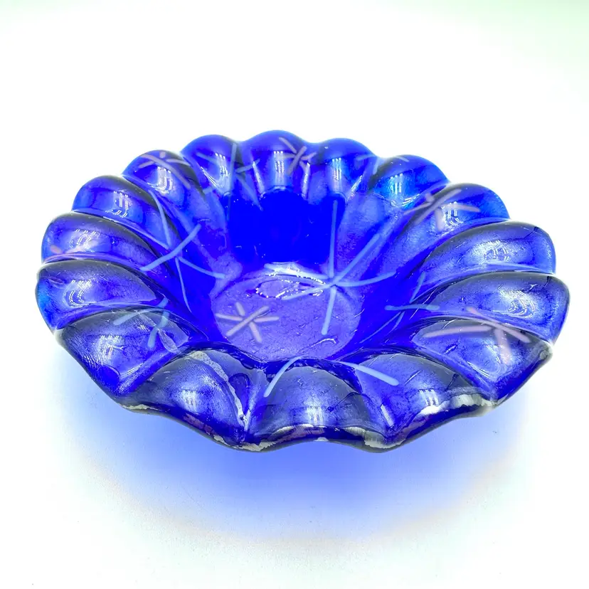 Cobalt Blue Fused Glass Dichroic Scalloped Edge Candy Trinket Dish 5.5 D X 1.75” H