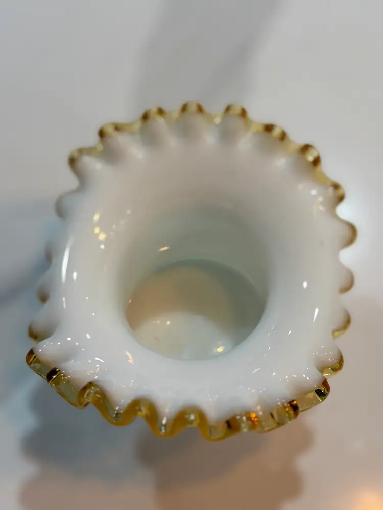 Fenton Amber Gold Crest Milk Glass Hat Shaped Ruffled Vase