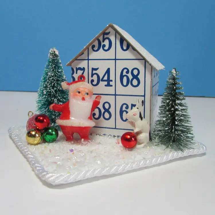 vintage crafted Bingo card house with Santa Christmas winter scene