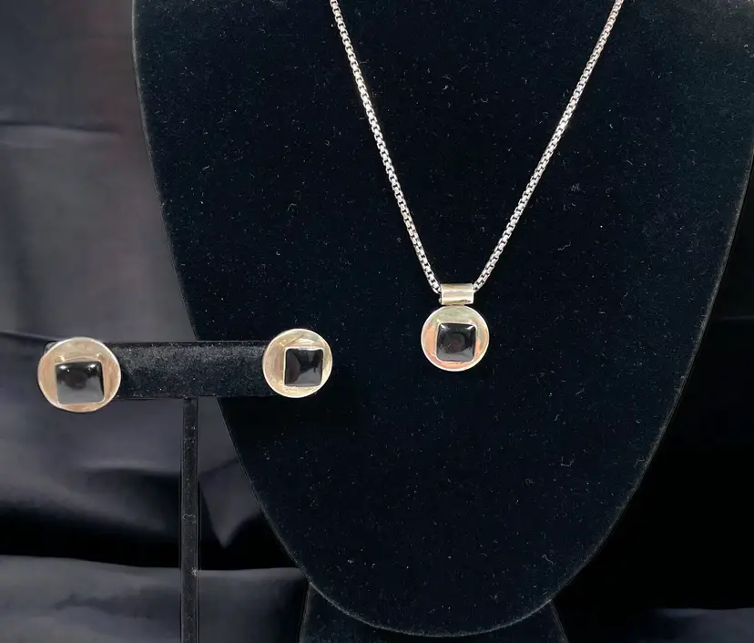 Vintage MCM Mexico Sterling Silver Onyx Necklace And Earrings Set 925 26g