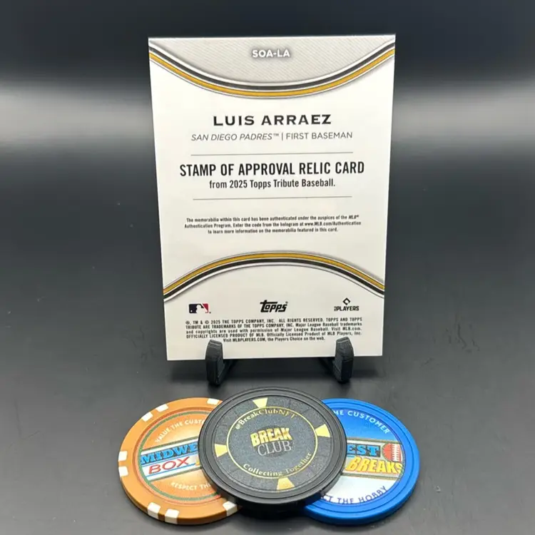 Luis Arraez 116/150 Blue Stamp Of Approval Camo Game Used Relic 2025 Topps Tribute San Diego Padres **Relic From 6/23/24 Brewers At Padres. Arraez Had 2 Hits 1 RBI**