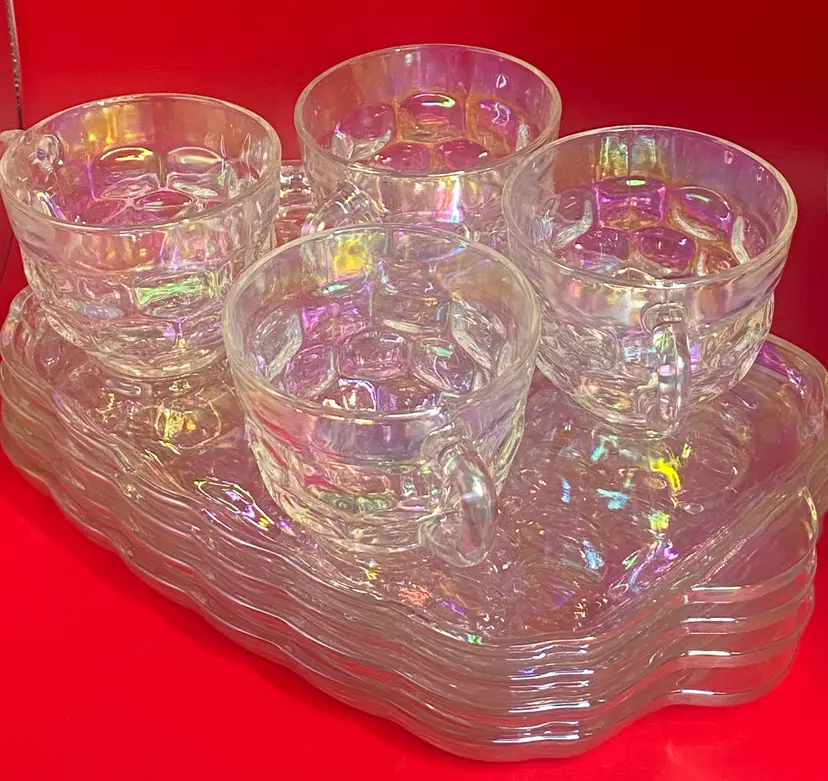 4 Federal Glass Yorktown Irridescent Snack Tray & Cups