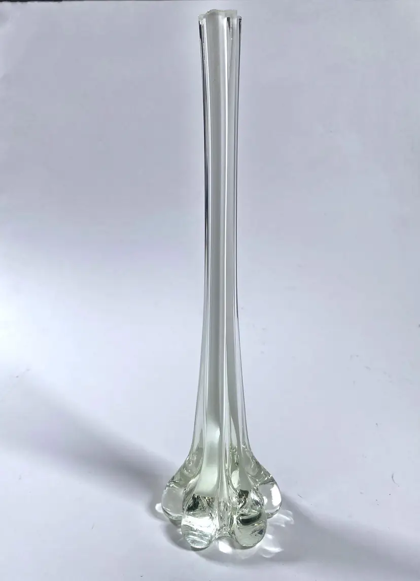 Single Skinny Twisted 6 Ribbed Clear/White Frosted Hand Blown Bud Vase 11.5"