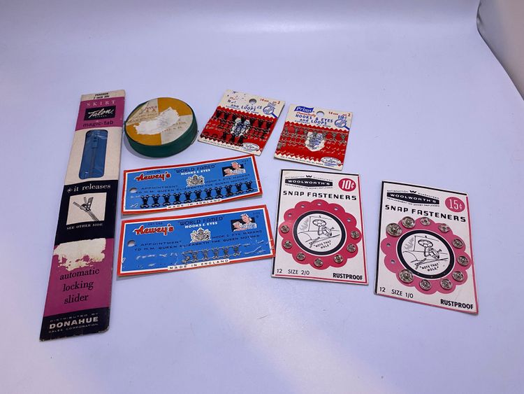 Vintage Sewing Notions Lot - Ribbon, Zipper Snap Fasteners, Hooks and Loops