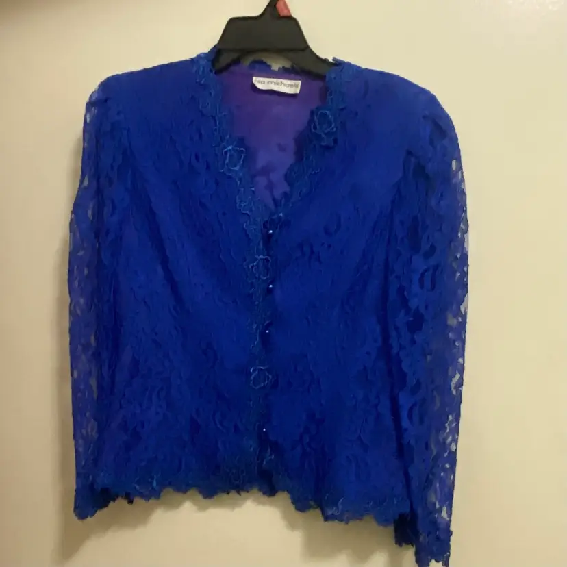 Vtg Lisa Michaels Womens Dressy Blazer Size 12 38” Royal Blue Lace Sheer Sleeves