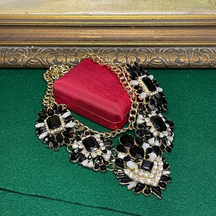 Statement Necklace Black & Clear Rhinestone Gold Tone