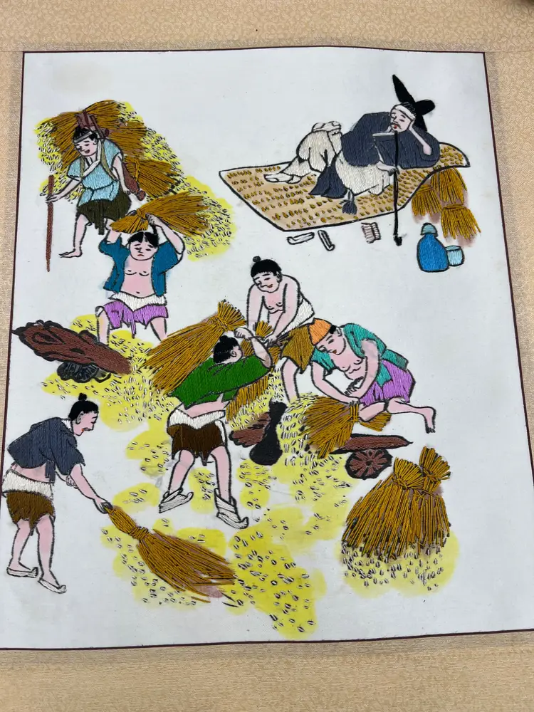 Vintage Korean Silk Embroidery Rice Harvest Scene With Yangban Overseer Panel