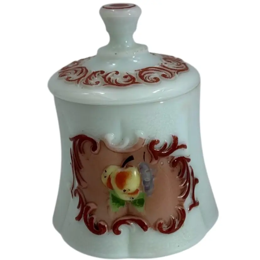Vintage White Milk Glass Apothecary ginger jar Or Cookie Jar Or Candy Jar with lid, apple and grapes pattern🍇