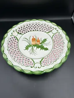 Large Round Scalloped Reticulated Edge Christmas/Holiday Holly And Candle Platter Portugal Hand Painted
