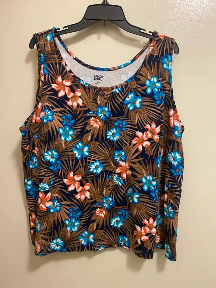 Lands End Womens Tank Top 3X 3XL Tropical Floral Hawaiian Print Palm Flowers