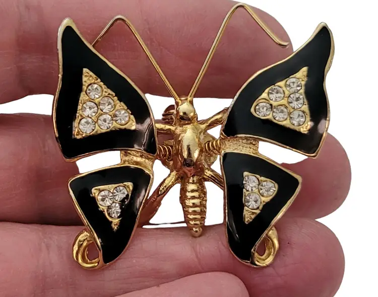 Gold Tone Clear Rhinestone Black Enamel Butterfly Trembler Brooch E652