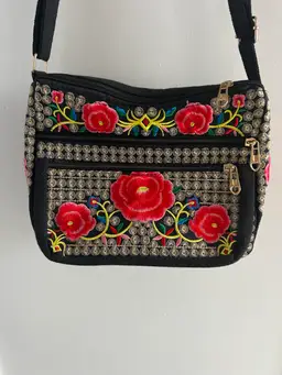Women’s Fully Embroidered Shoulder Bag Ethnic Flower Black Crossbody