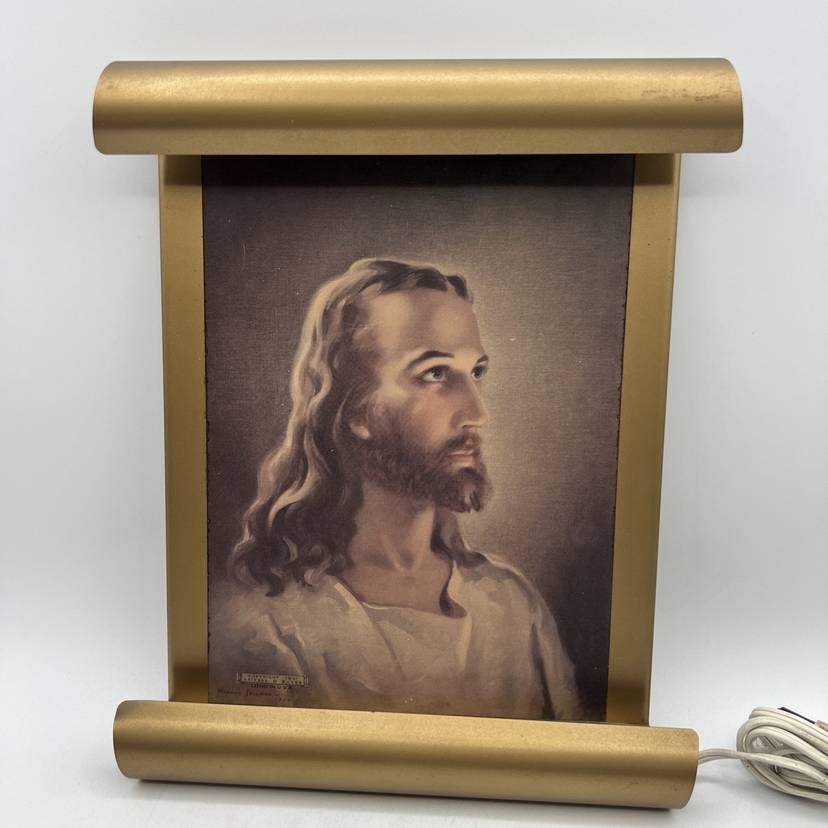 Vintage Lighted Jesus Head of Christ Picture Gold Metal Frame 10x12 ...