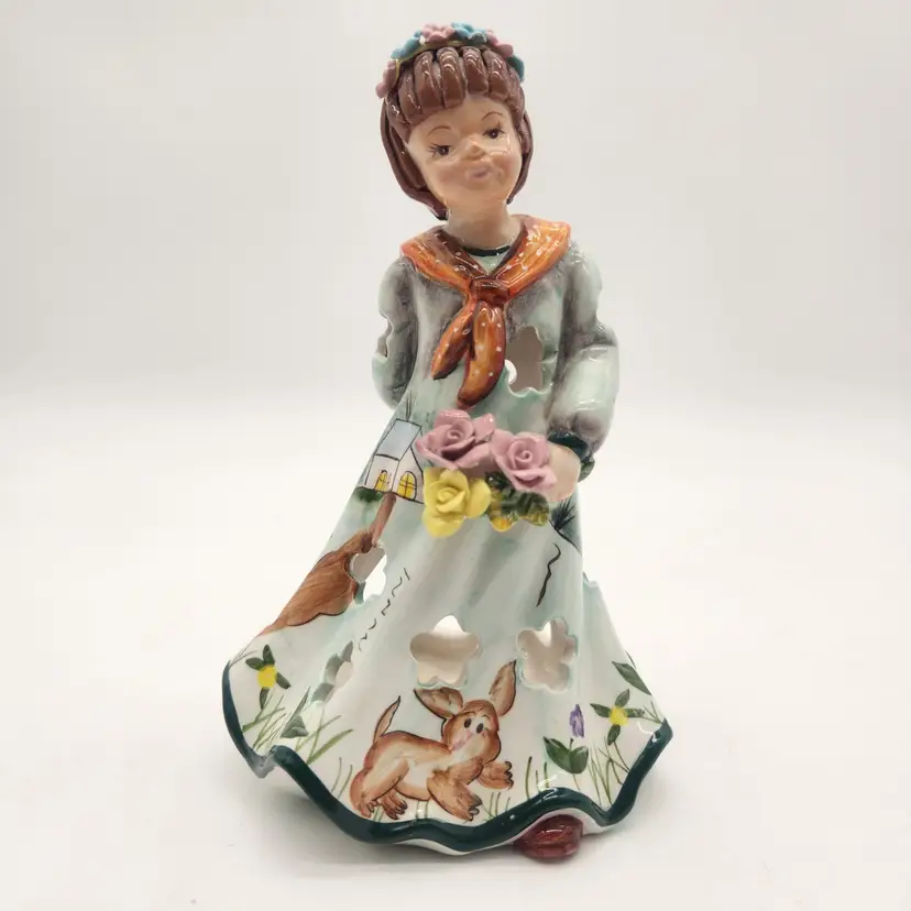 Hand Painted By Innan Ceramic Girl Figurine Candle Holder Bunny Flowers Folk Art