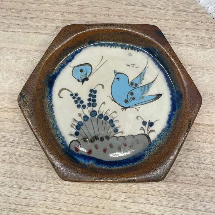 Vtg Ken Edwards Vintage Tonala Hexagon Pottery Decorative Plate 1970s Bird