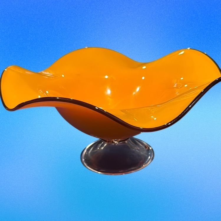 Ruffled Orange Art Glass Pedestal Bowl