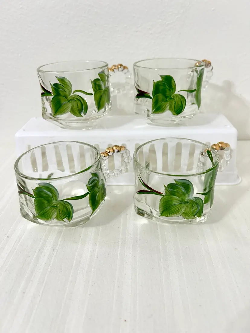 Vintage Glass Sip n Smoke Espresso Cappuccino Concave Glass Cups Handpainted Ivy