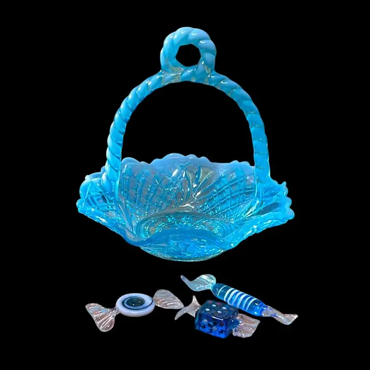 08. Candy Anyone (Glass Blue Opal Trim Basket With Three Pieces Of Glass Candy)