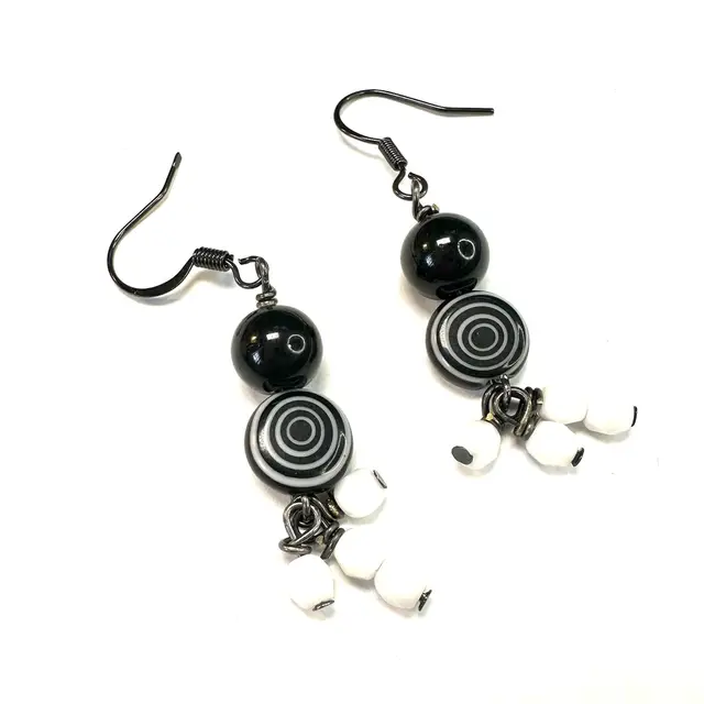 Black White Spiral Disc Glass Bead Gunmetal Tone Handmade Dangle Earrings 2”L Made By Me