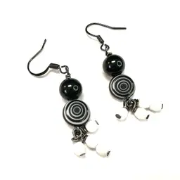 Black White Spiral Disc Glass Bead Gunmetal Tone Handmade Dangle Earrings 2”L Made By Me