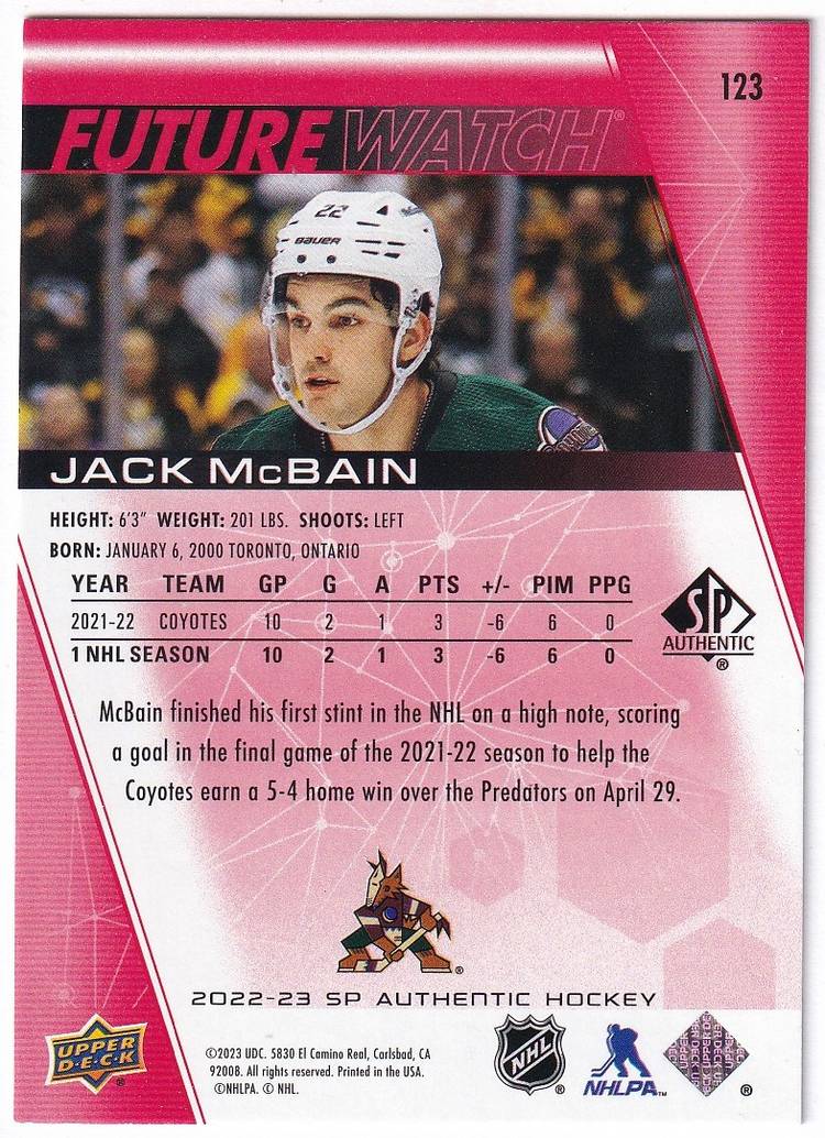 2022-23 SP Authentic Limited Red #123 Jack McBain FW Arizona Coyotes Hockey Card