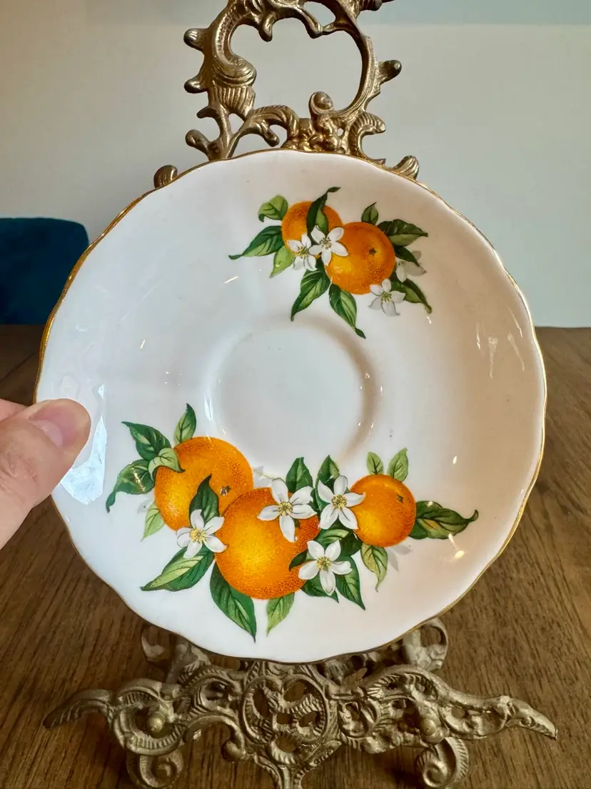 6” Royal Tuscan made in England Fine Bone China Saucer plate, Florida Oranges pattern w/Gold Trim.