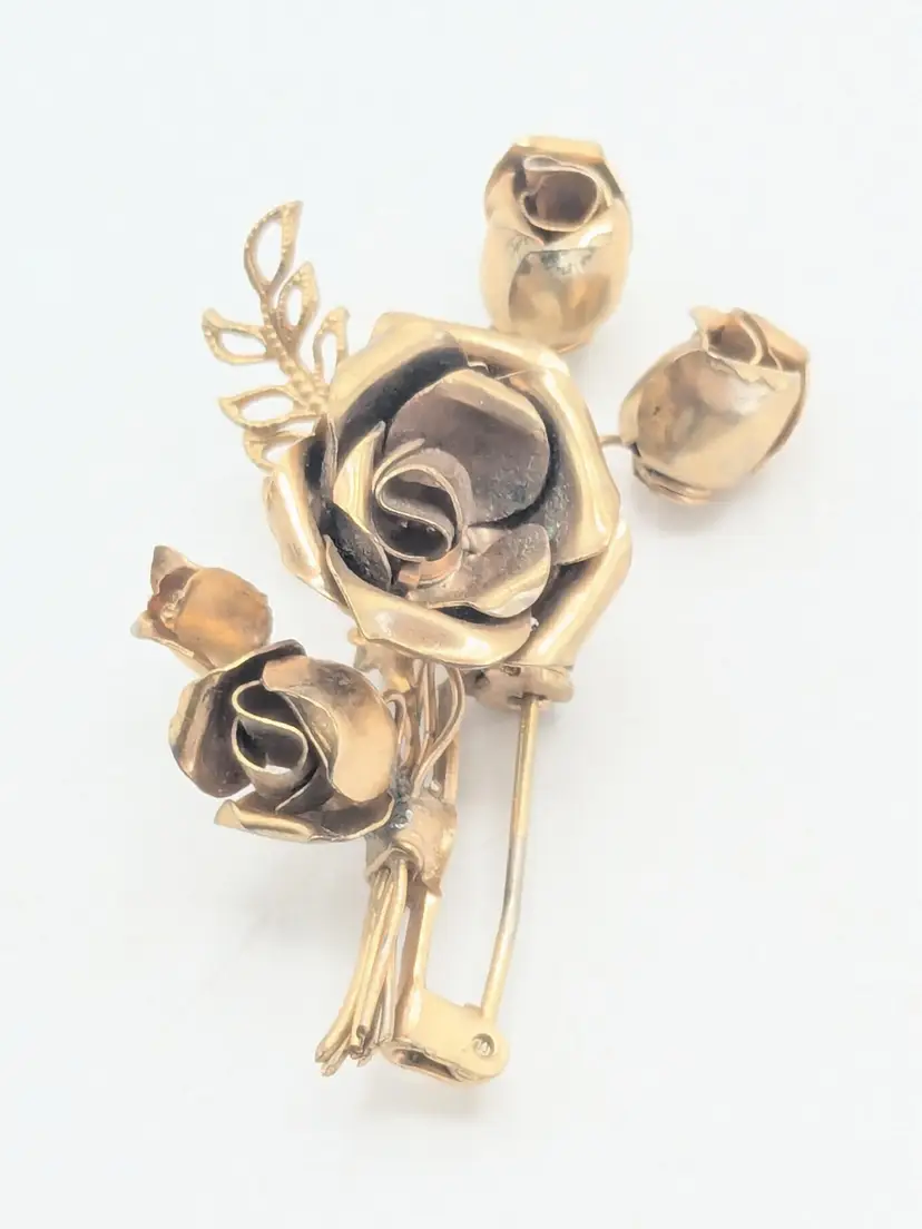 Vintage Gold Tone Rose Bouquet Brooch Pin