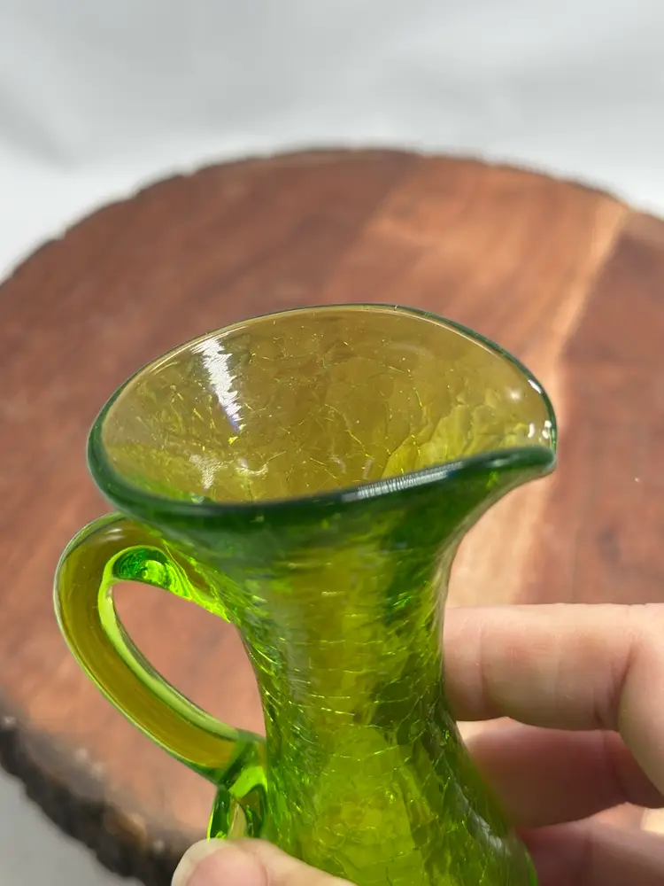 Mini Art Glass Crackle Green Glass Pitcher Hand Blown Applied Handle