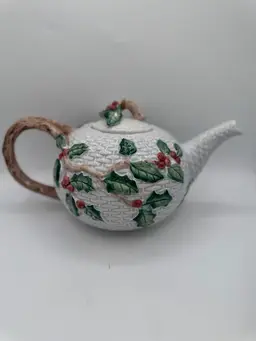 Fitz & Floyd Old World Christmas Holly Basket Weave Teapot - Vintage