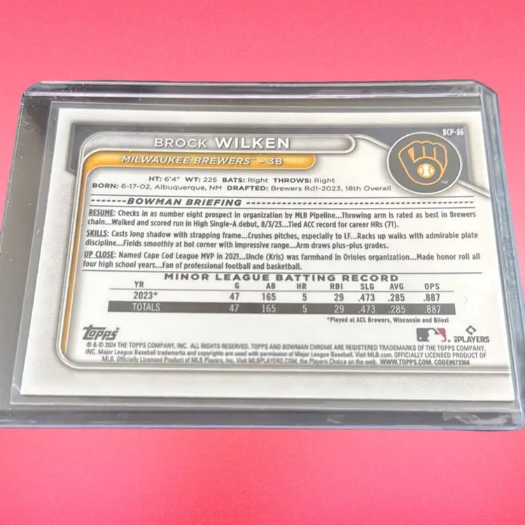 2024 Bowman Chrome Brock Wilkes, 1st Pink Mojo Refractor /199 Milwaukee Brewers Bcp – 86