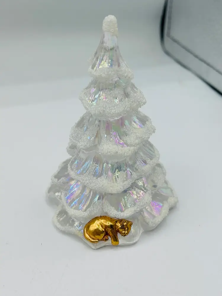 FENTON Art Glass White Iridescent Flocked Tree w Gold Tone Dove 5”