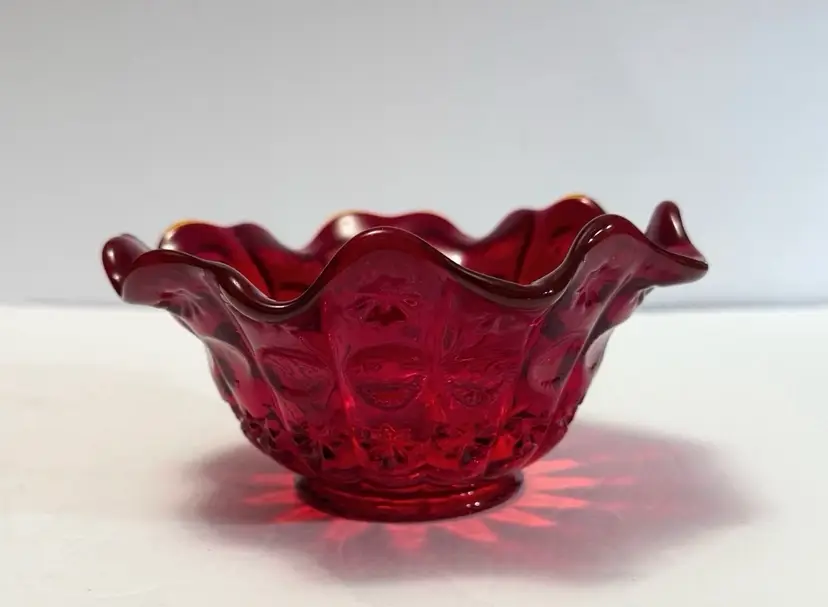 Vintage Ruby Red Moon & Stars Small Ruffled Bowl Candy Dish