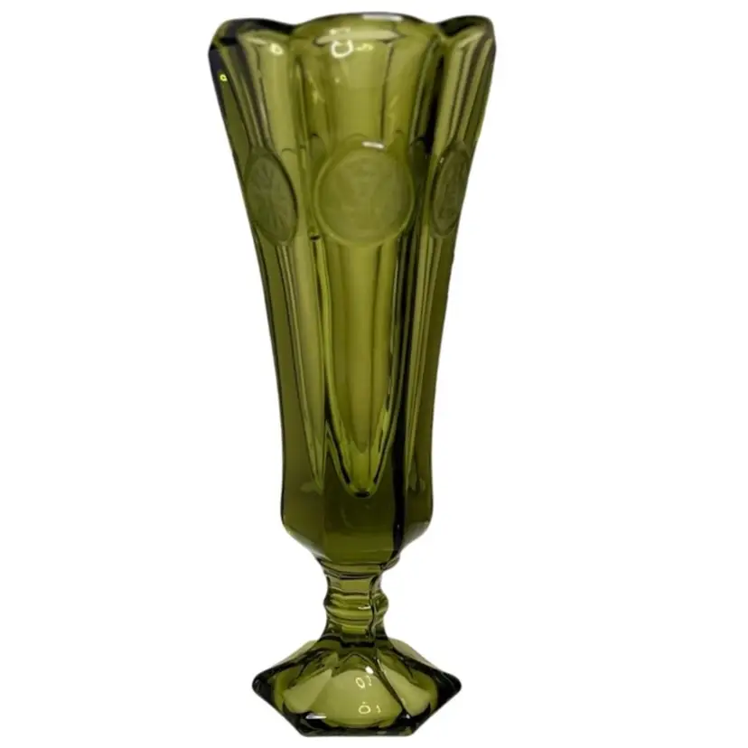 Vintage Fostoria Vase Avocado Green Footed Coin Medallion Design Mid-Century 8β x 3β