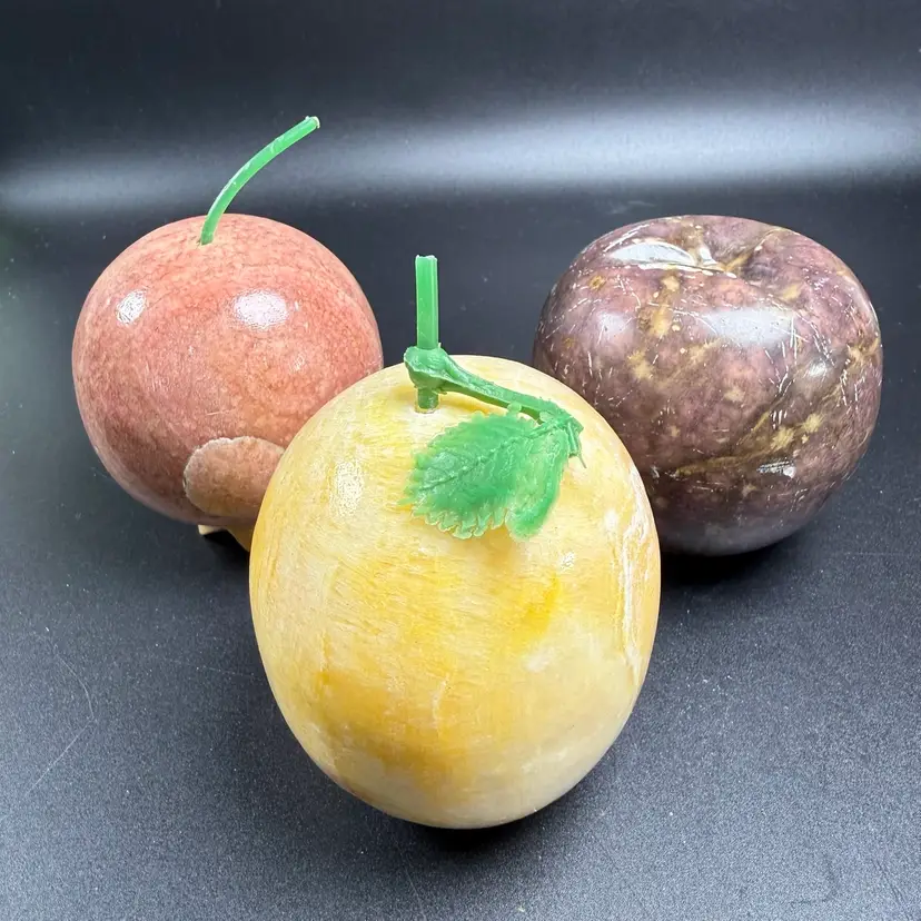 Vintage Set Of 3 Alabaster Stone Marble Banded Onyx Fruit Decor Italian? 1904g