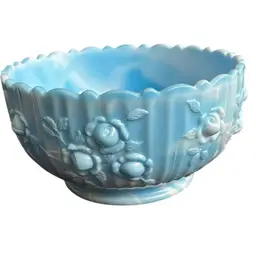 Fenton Blue / White Marble Slag Glass Rose Candy Bowl