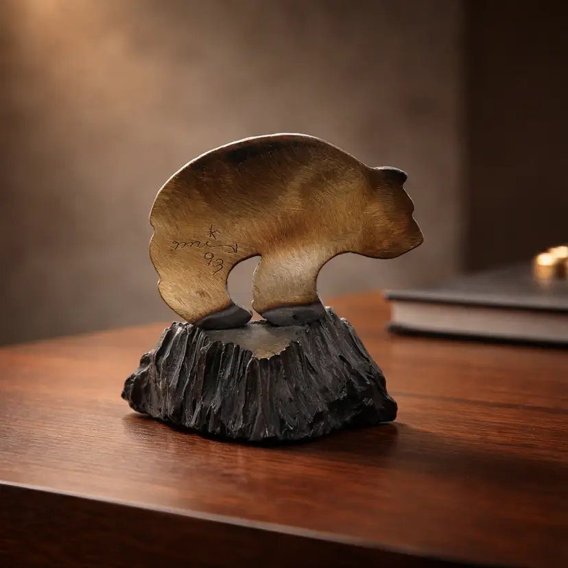 Vintage Stylized Metal Sculpture of a Bear Silhouette, Artist Signed in 1993, 3" Tall